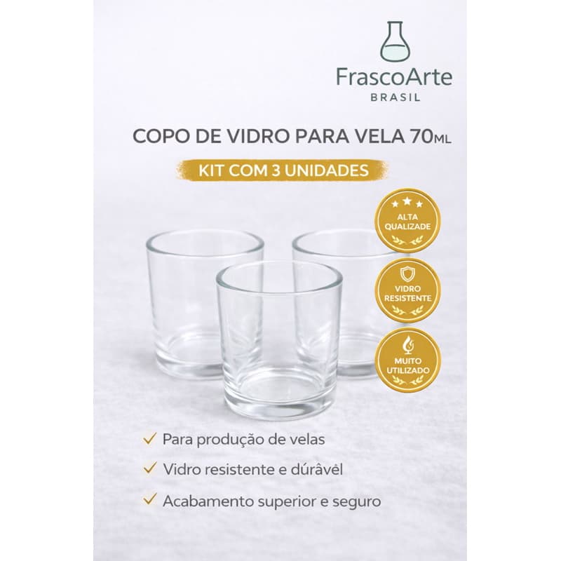 Kit 3 Copos de Vidro para Vela 70ml | Porta Vela Artesanal | Copo para Velas Aromáticas Vidro Grosso Transparente