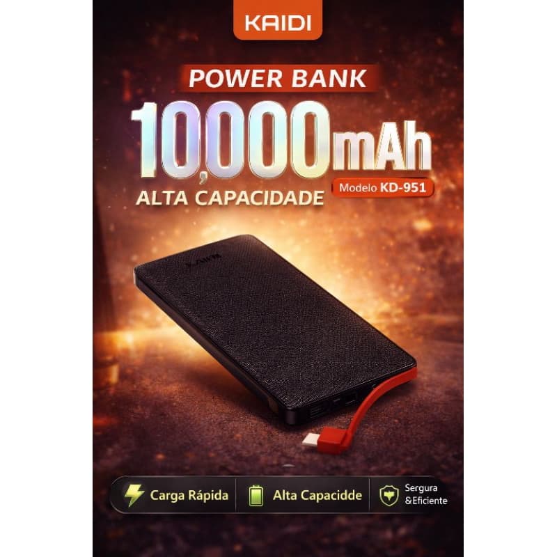 Power Bank Kaidi 10000mAh Portátil Carregador Rápido Type-C