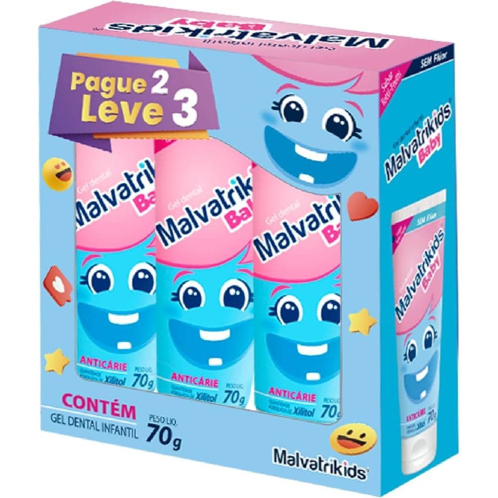 Kit 3 Malvatrikids Gel Dental Infantil Anticárie Tutti-Frutti 70g