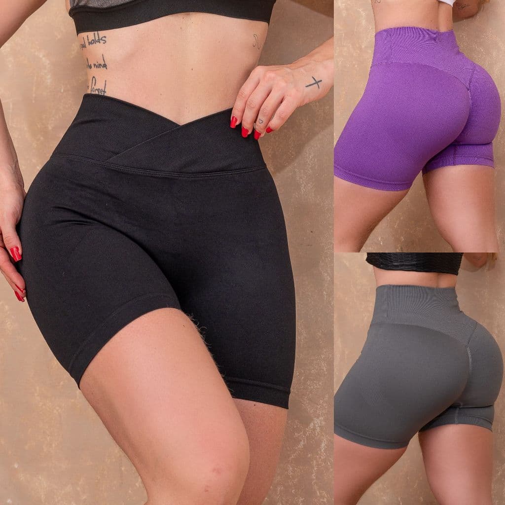 Short Fitness Empina Up Bumbum Feminino Academia Poliamida Cós Transpassado Franzido Push Ginástica