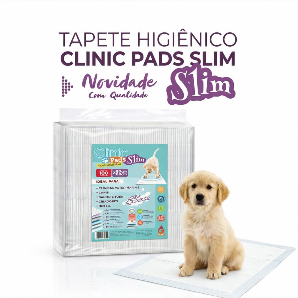 Tapete Higiênico Pet Clinic Pads Slim - 6 Camadas de Proteção  80x60 cm com 100 Unidades Pet Adultos ou Filhotes