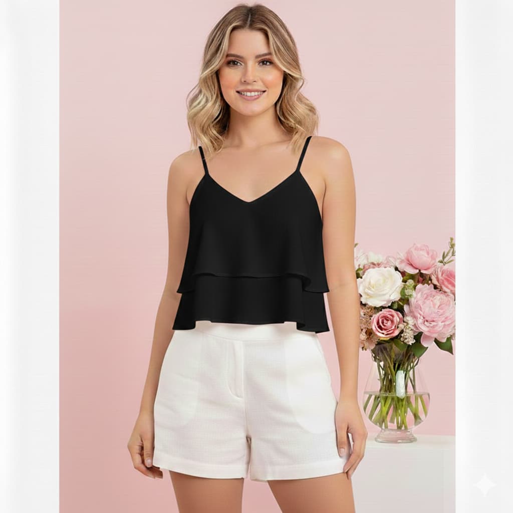 Blusa Regata Feminina Alça Regulável 2 Babados Gola V Tecido Crepe Duna Blusinha feminina Alcinha Gola V Tecido Duna