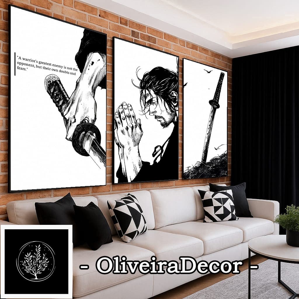 KIT QUADRO DECORATIVO ARTE GEEK ANIME MANGA VAGABOND SAMURAI 3 PEÇAS DECORAR SALA QUARTO ESCRITORIO