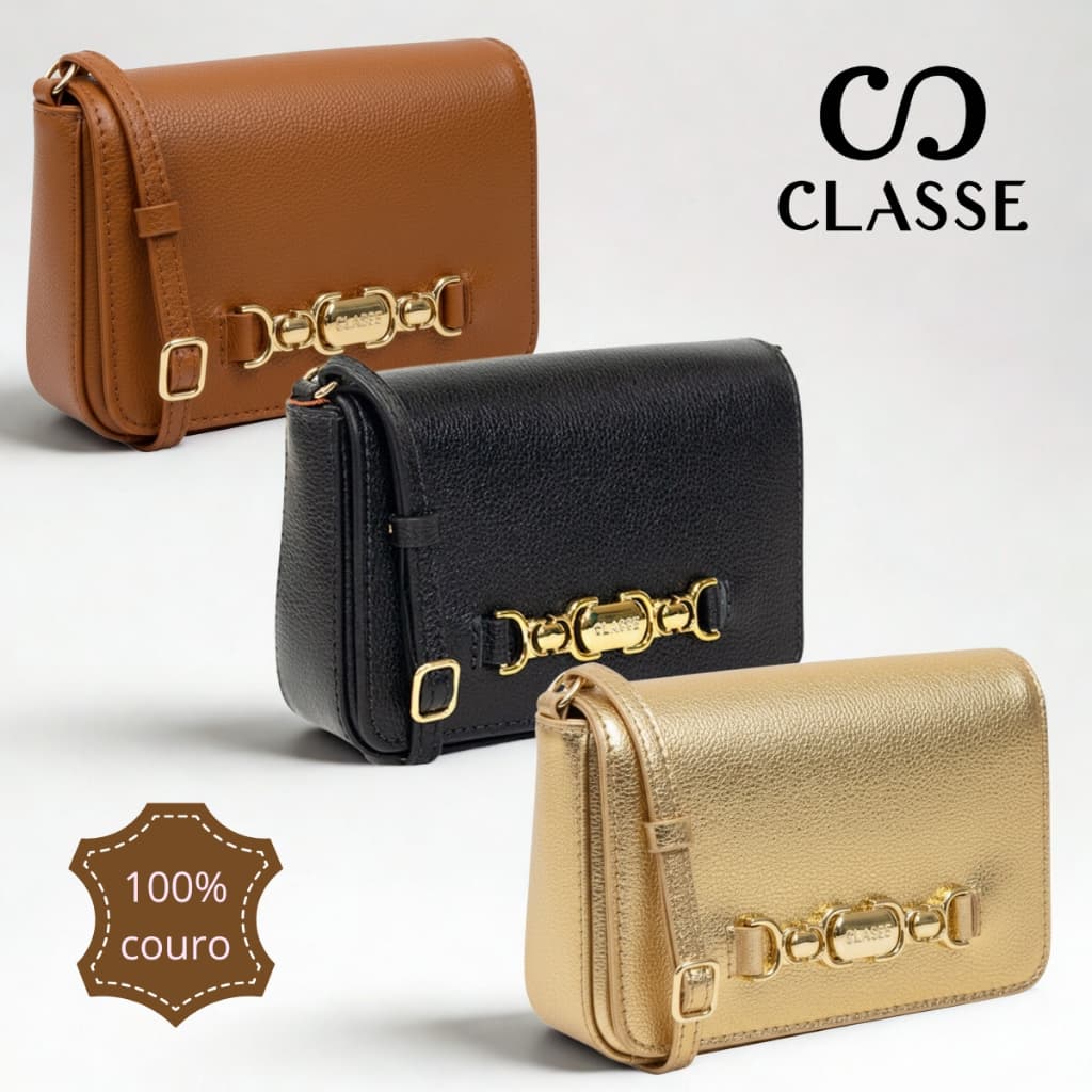 Bolsa Dourada Classe Couro Feminina Tira Colo Pequena Com Bridão Alça Ajustável
