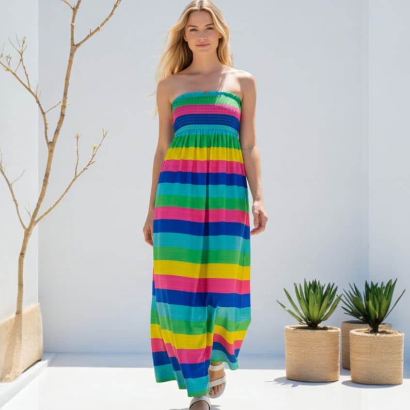 Vestido  Virgínia Longo Colorido Arco-Íris Lastex Verão Blogueira 2026