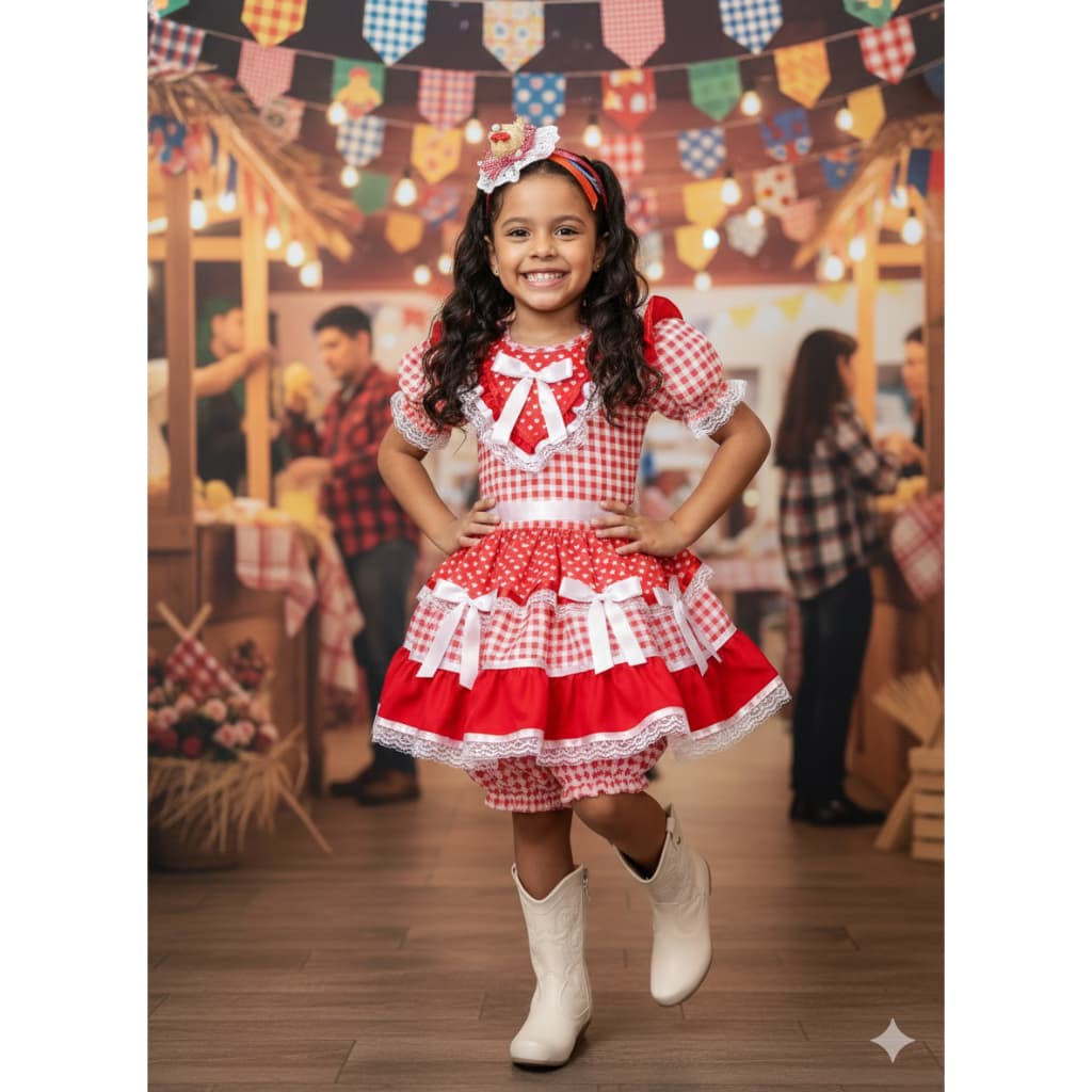 Fantasia Infantil Festa Junina Arraiá Vermelho Xadrez C/ Babados Luxo