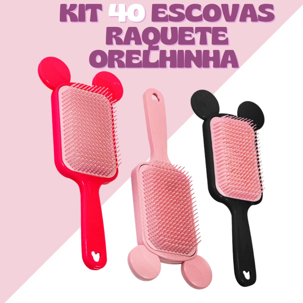 Kit 40 Escovas Raquete Orelhinha Mickey - Anti Frizz