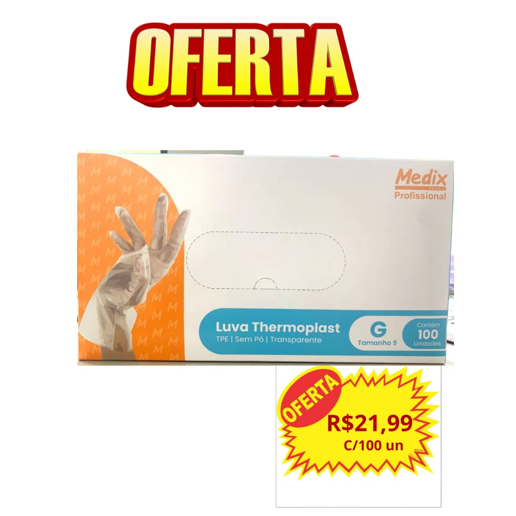 Luva Descartável Thermoplast TPE Transparente Tamanho G Medix Com 100 unidades