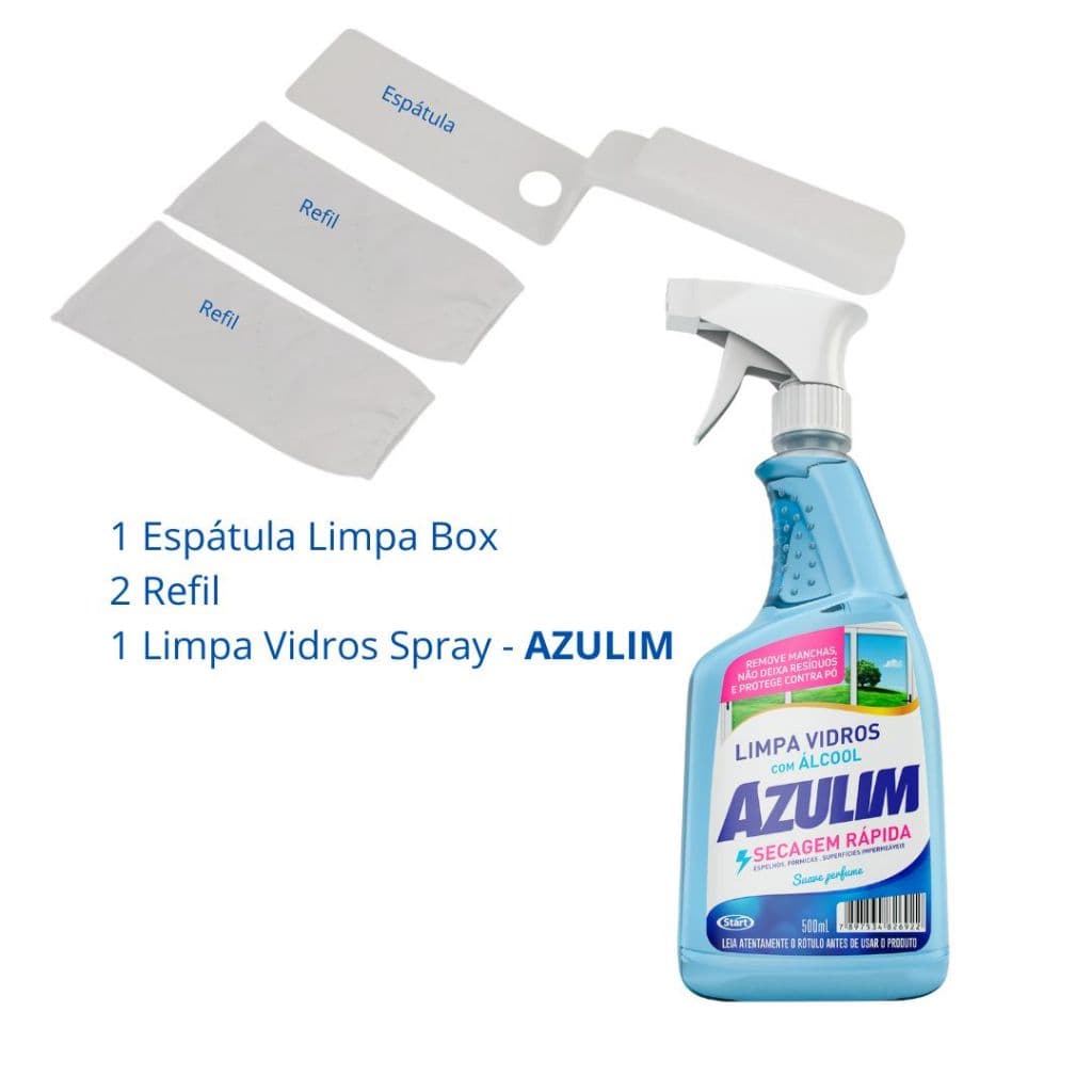 Limpador de Transpasse Espátula + 1 Refil Limpador Box Vidro Janela e Portas de Correr + 1 Limpa Vidros Spray Azulim