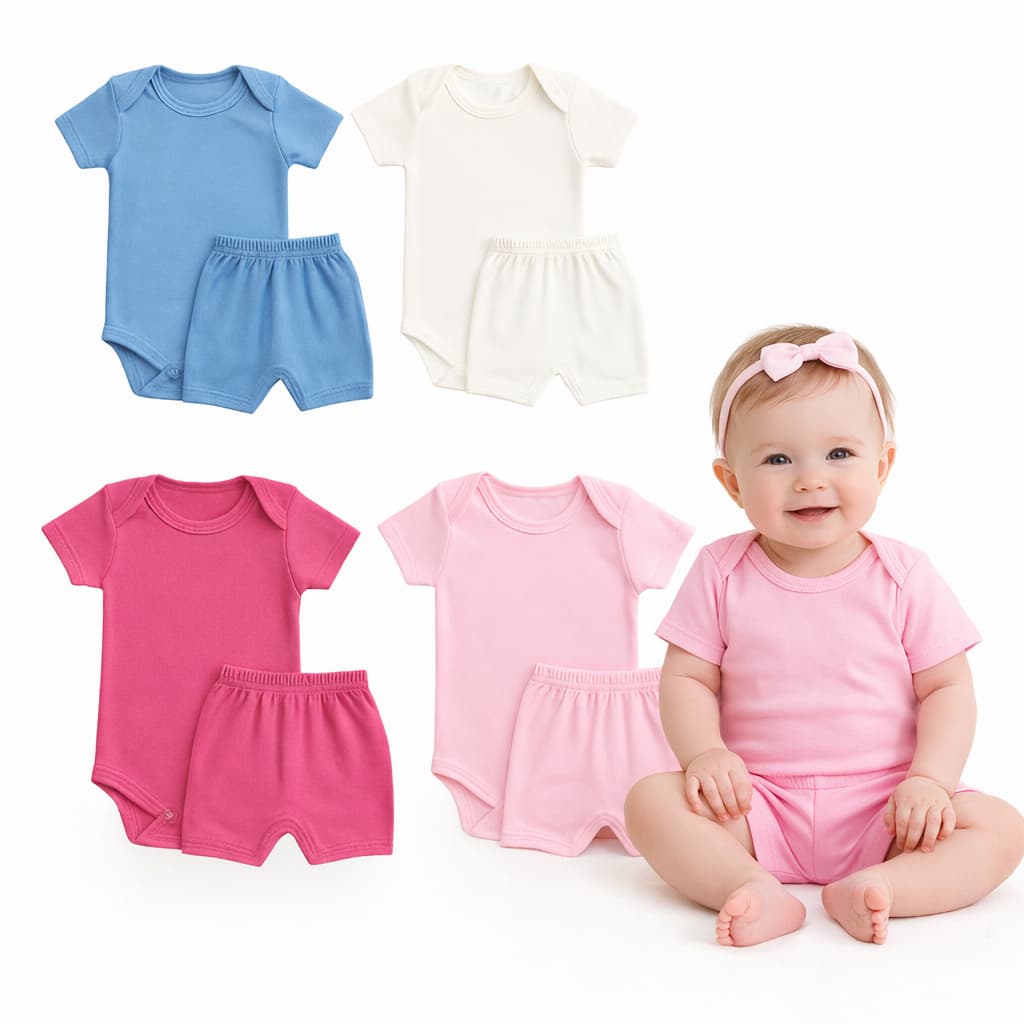 kit 4 Peças Body + Shortinho Menina e Menino Bory Manga curta Bebê bori Infantil