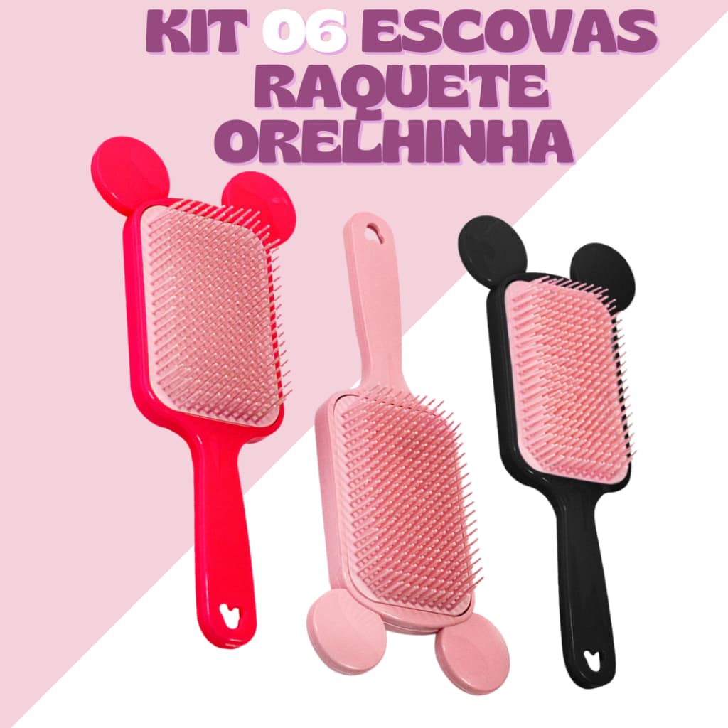 Kit 6 Escovas Raquete Orelhinha Mickey - Anti Frizz