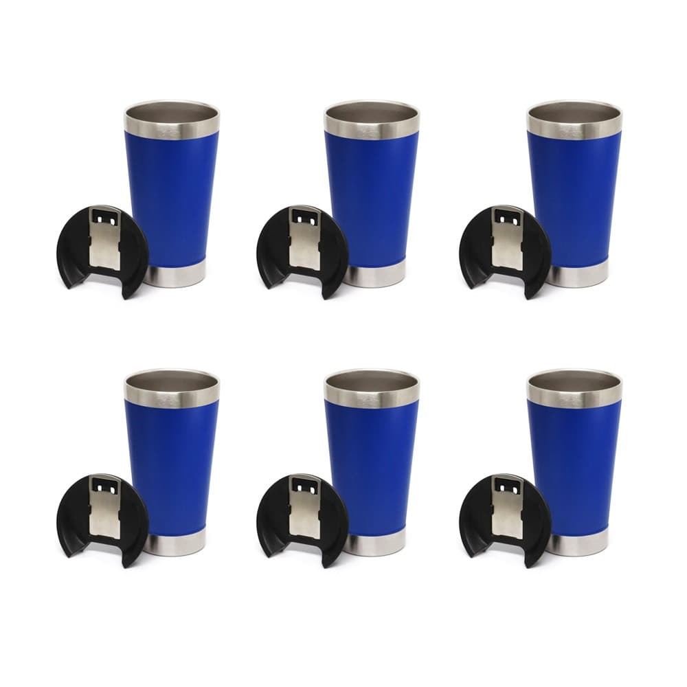 Kit 6 Copos Térmico De Cerveja Café Aço Inox 473ml Com Tampa Azul Claro