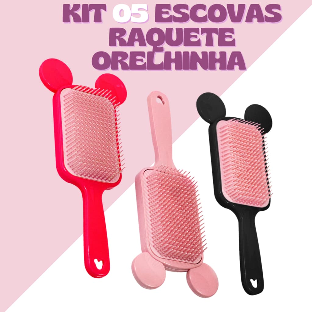 Kit 5 Escovas Raquete Orelhinha Mickey - Anti Frizz