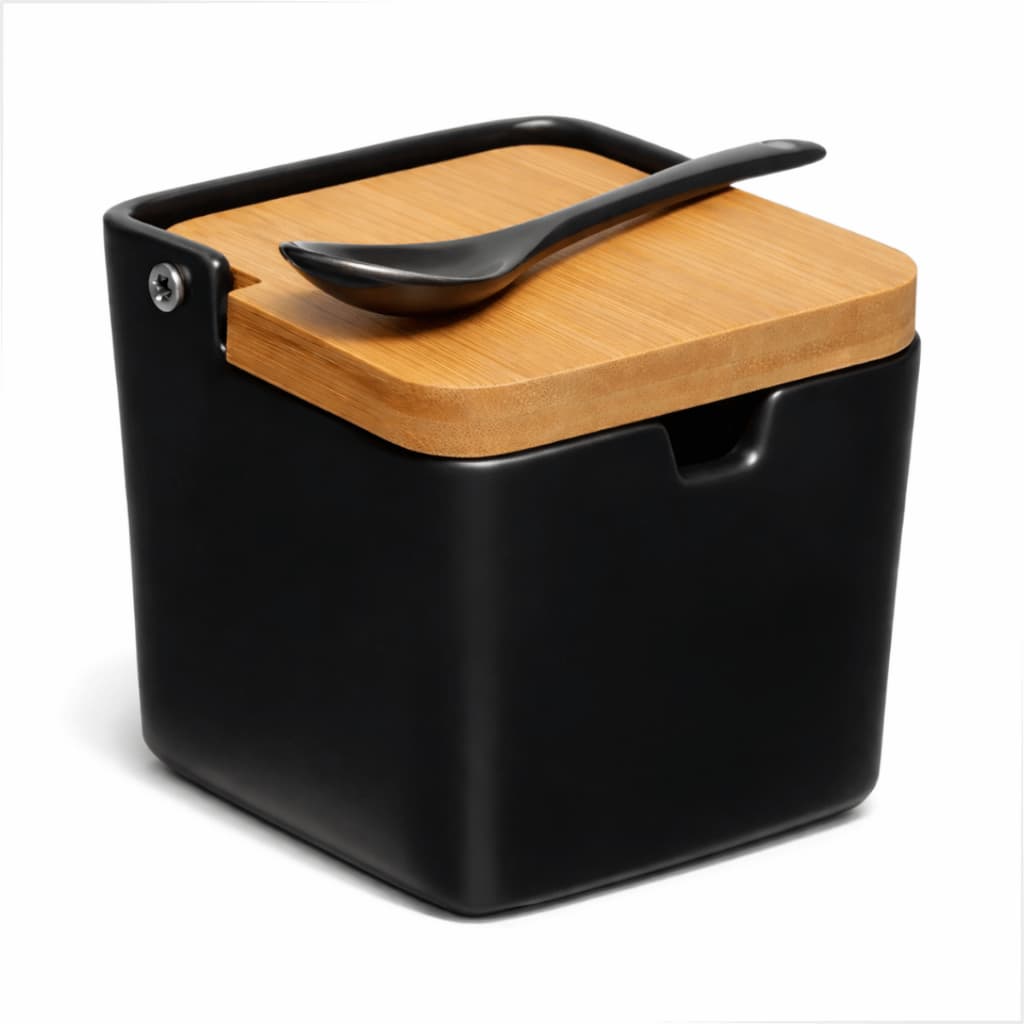 Saleiro Porcelana Preto 270ml com Tampa de Bambu e Colher | Hauskraft