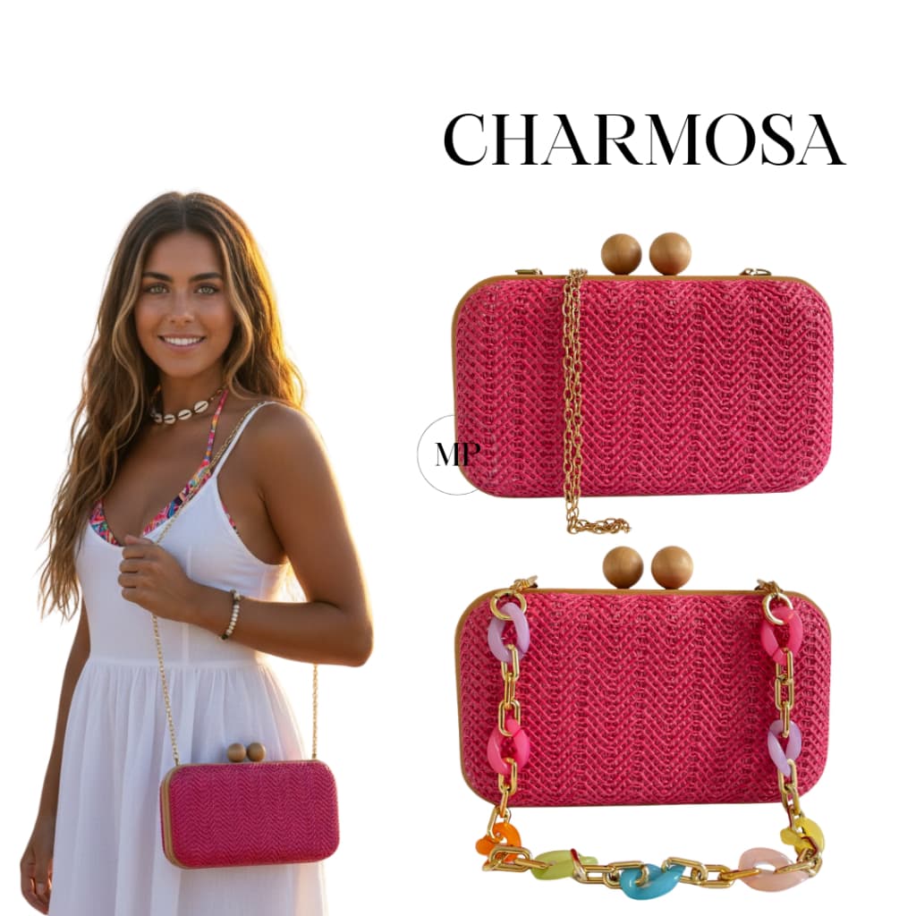 Bolsa Clutch Carteira De Festa Palha e Madeira + 2 Alças (Corrente e Acrílico) Feminina