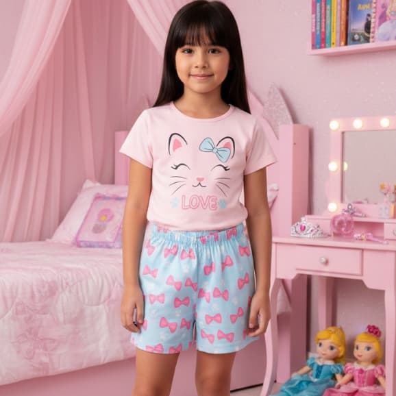 Pijama Infantil Feminino Gatinha Fofinha Delicado Brilha no Escuro Confortável Fresquinho