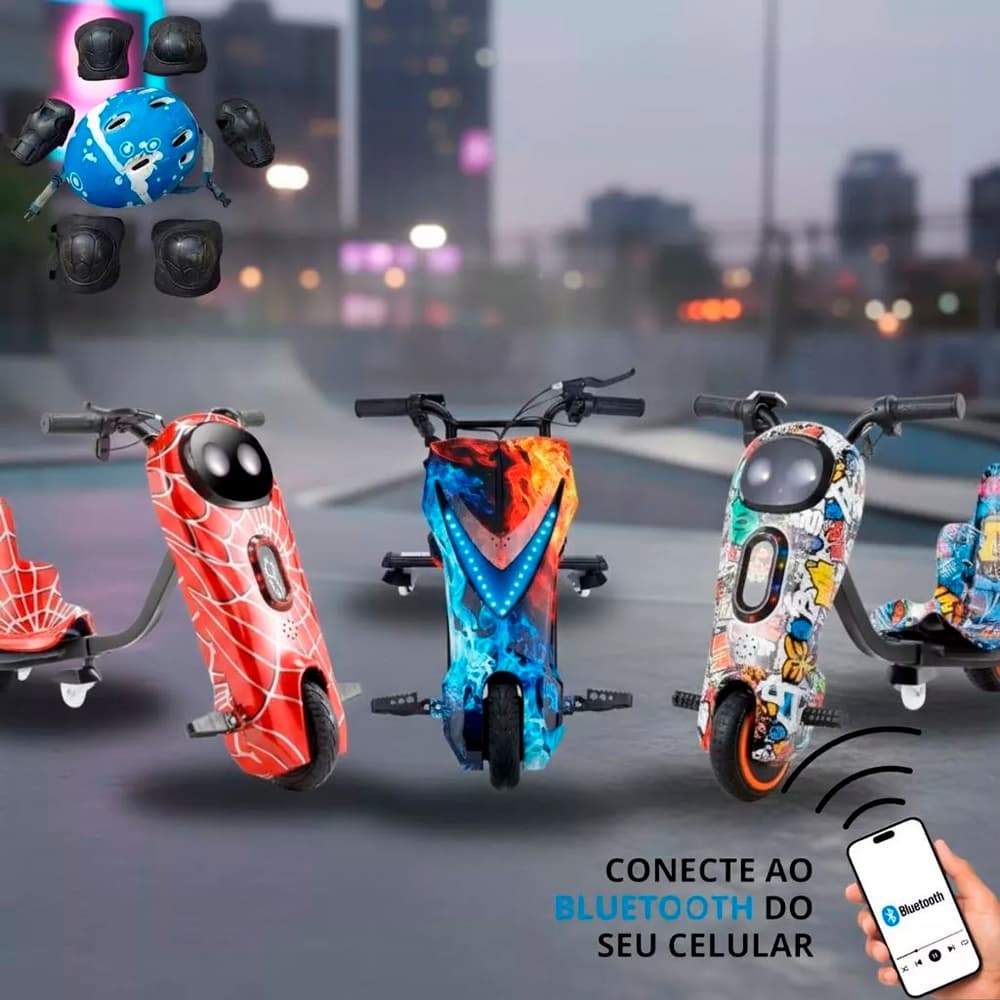 Triciclo Infantil Elétrico Drift Remanufaturado Bluetooth 300W Alta Potência 3 Velocidades Ajustável