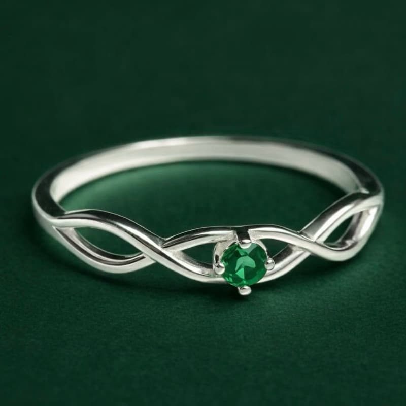 Anel Solitário Zircônia Verde com Lateral de Infinito em Prata 925 Legítima Feminino