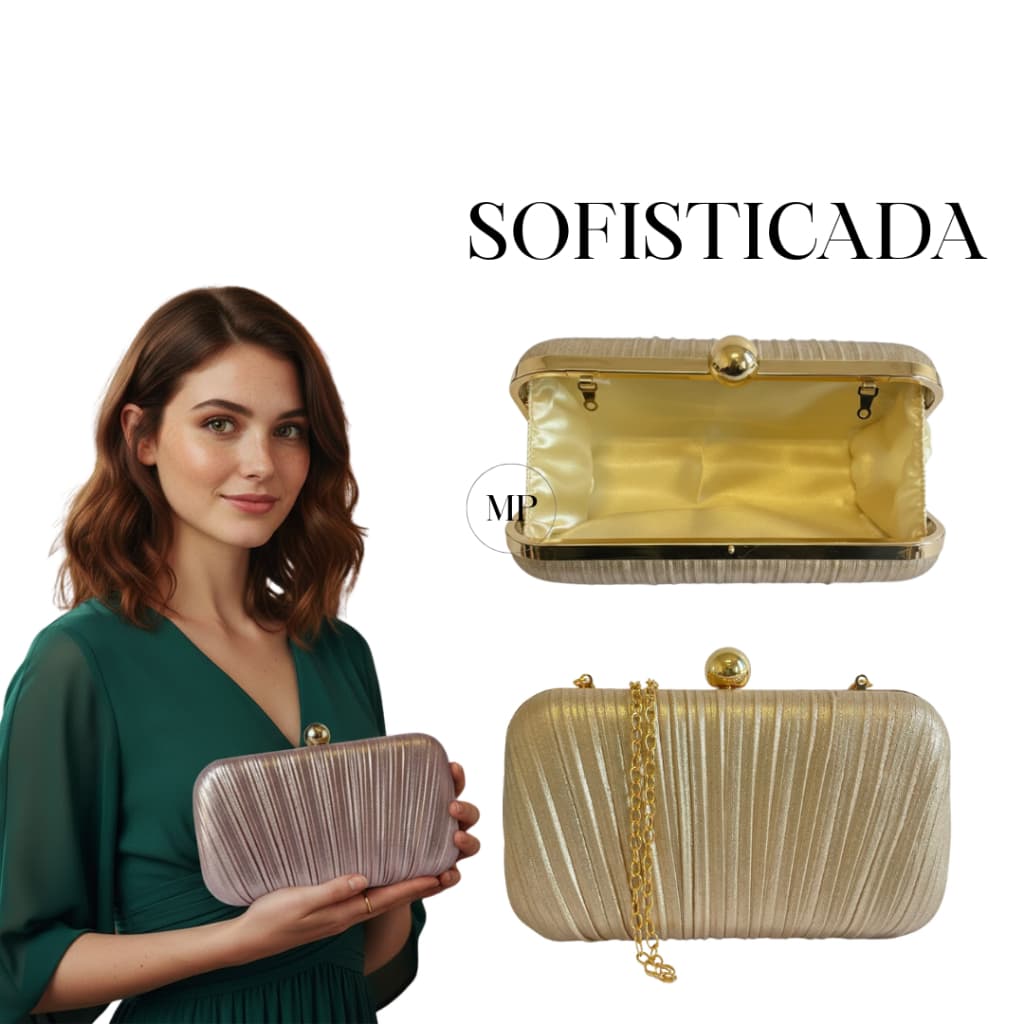 Bolsa Clutch Carteira de Mão Festa Plissada Cintilante com Forro em Cetim Luxo Feminina