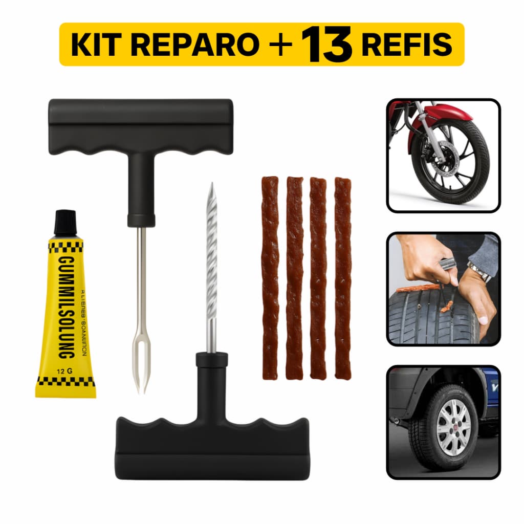 Kit Reparo Pneu Sem Camara Carro Moto + 10 Ou 20 Refil Selante Remendo Macarrão Bicicleta