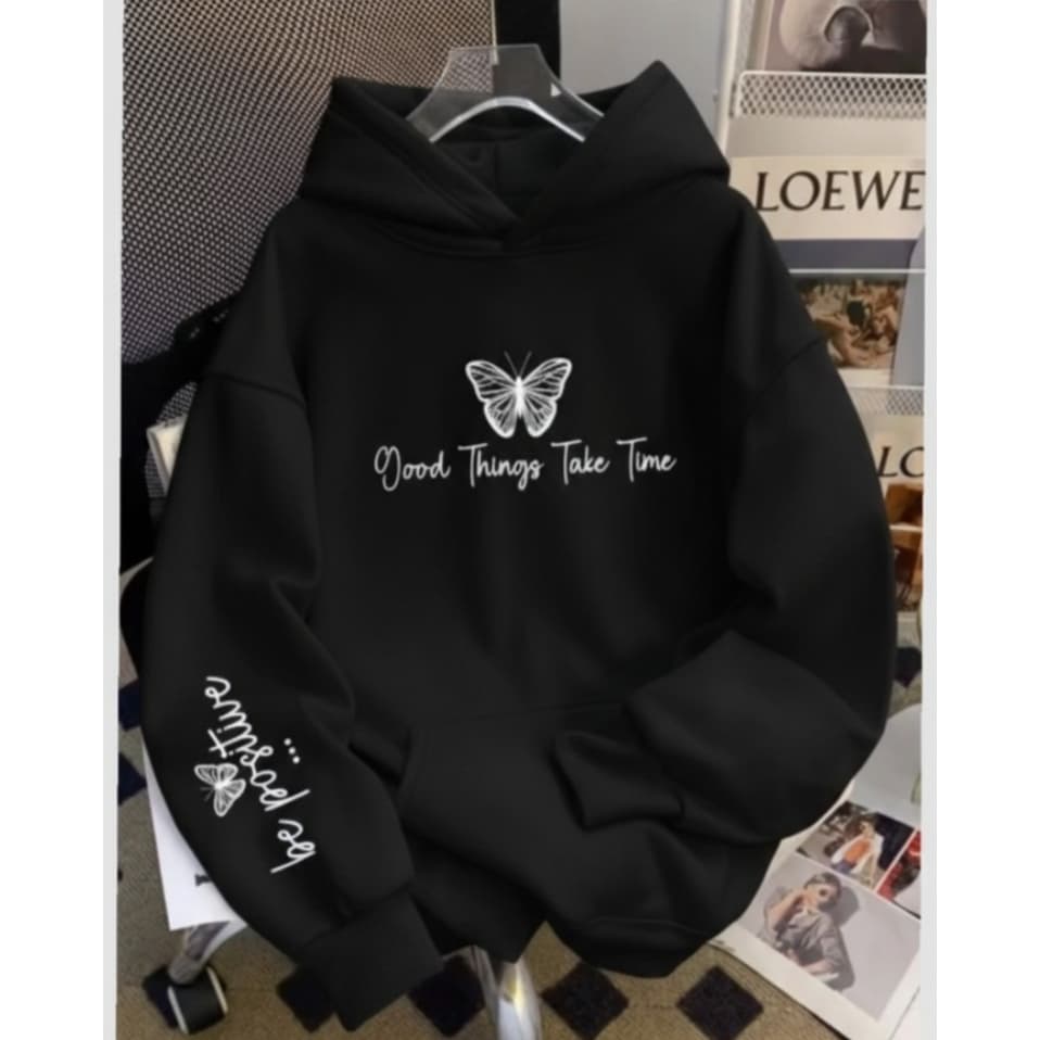 Moletom Canguru Feminino Com Capuz Butterfly Borboleta "Good Things Take Time" Casual Inverno Tendência Aesthetic
