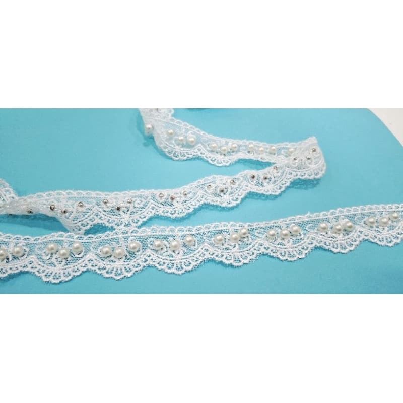 Renda Guipir 3D com pérolas Véu Aplicação Artesanato Decoração Off White Largura 2,5 cm com 20 jardas