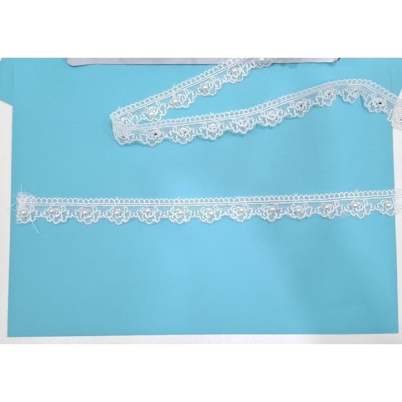 Renda Guipir Flor 3D com pérolas Véu Aplicação Artesanato Decoração Off White Largura 1,9 cm com 13,7 mt 15 jardas