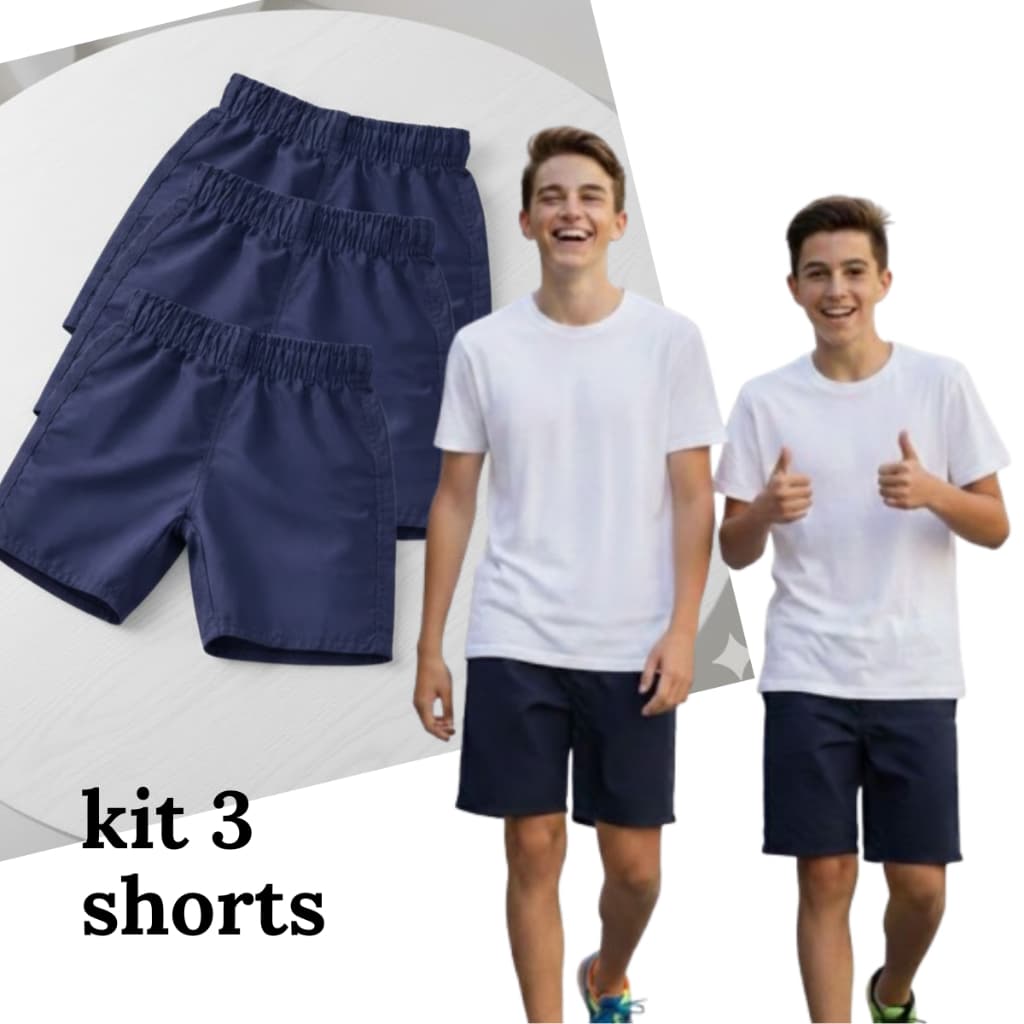Kit 3 Bermudas Escolar Tactel Infantil Juvenil Menino 2 ao 16 Azul Marinho