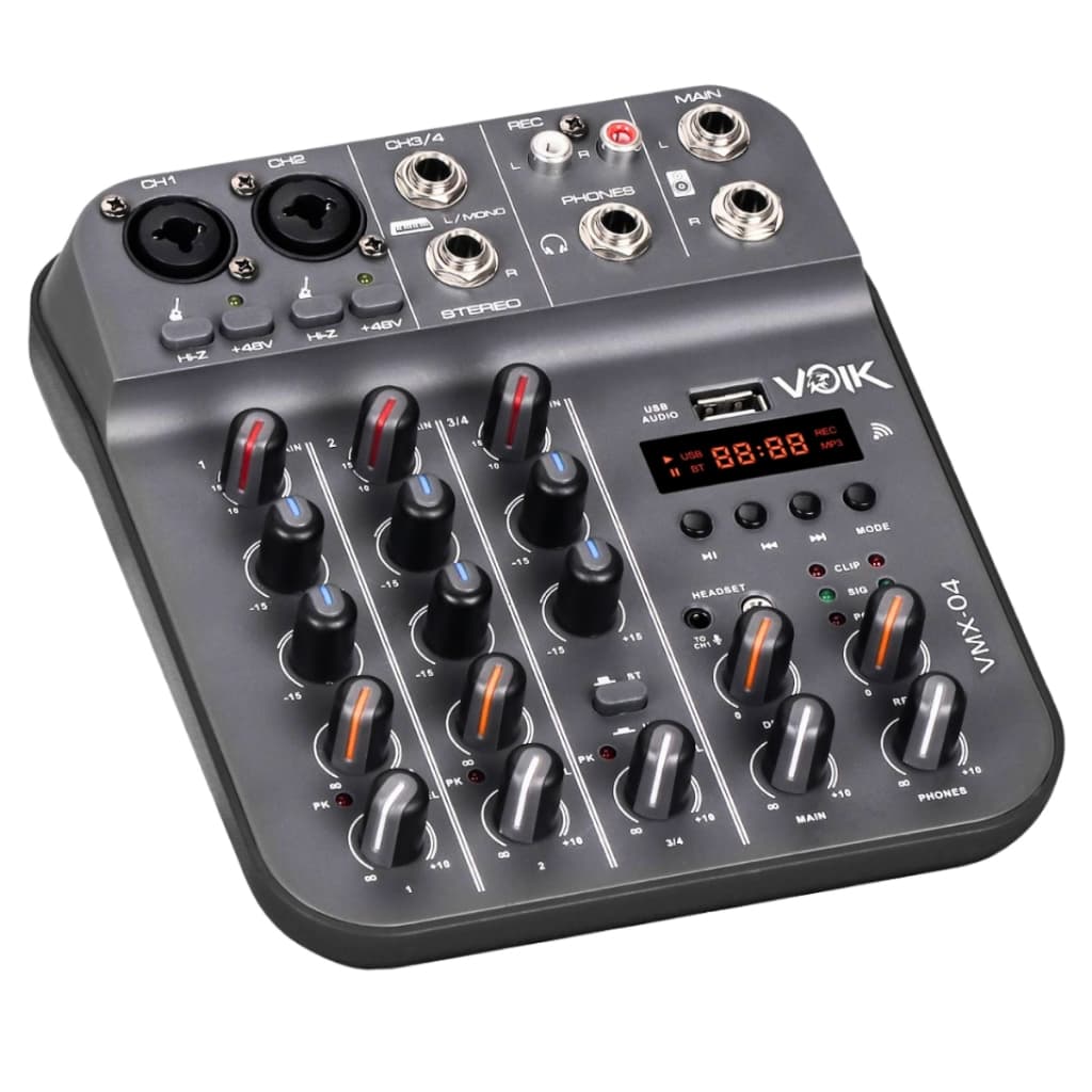 Mesa De Som 4 Canais Voik VMX-04 USB Bluetooth Efeitos Delay e Repeat Interface de Áudio 48v Phantom Power HI-Z Bivolt
