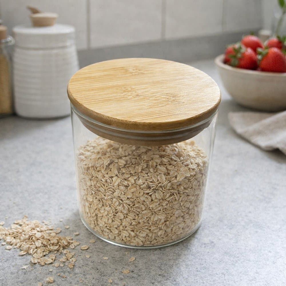 Pote de Borossilicato com Tampa de Bambu Armazenador de Tempero Guarda Temperos e Grãos 550ml