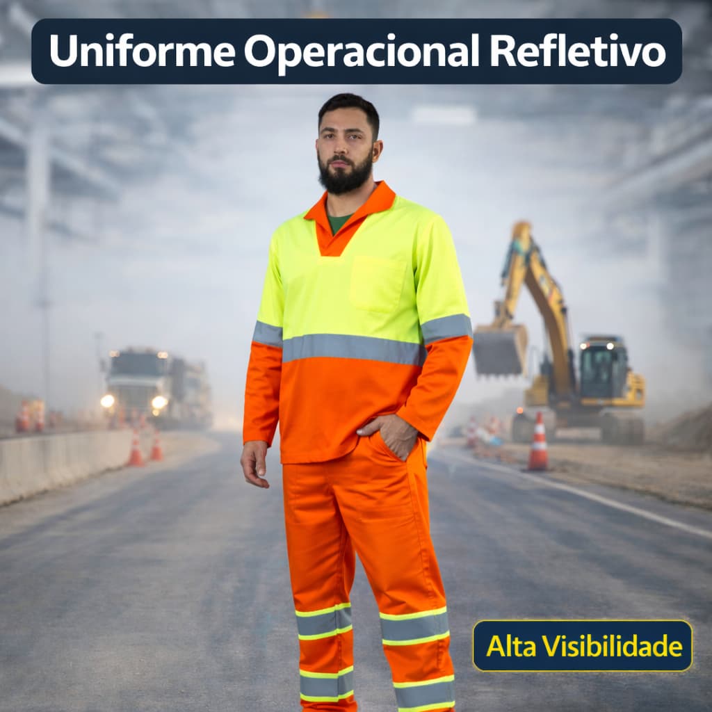 Conjunto Profissional Refletivo Calça e Camisa de Trabalho em Brim AltaVisibilidade Operacional