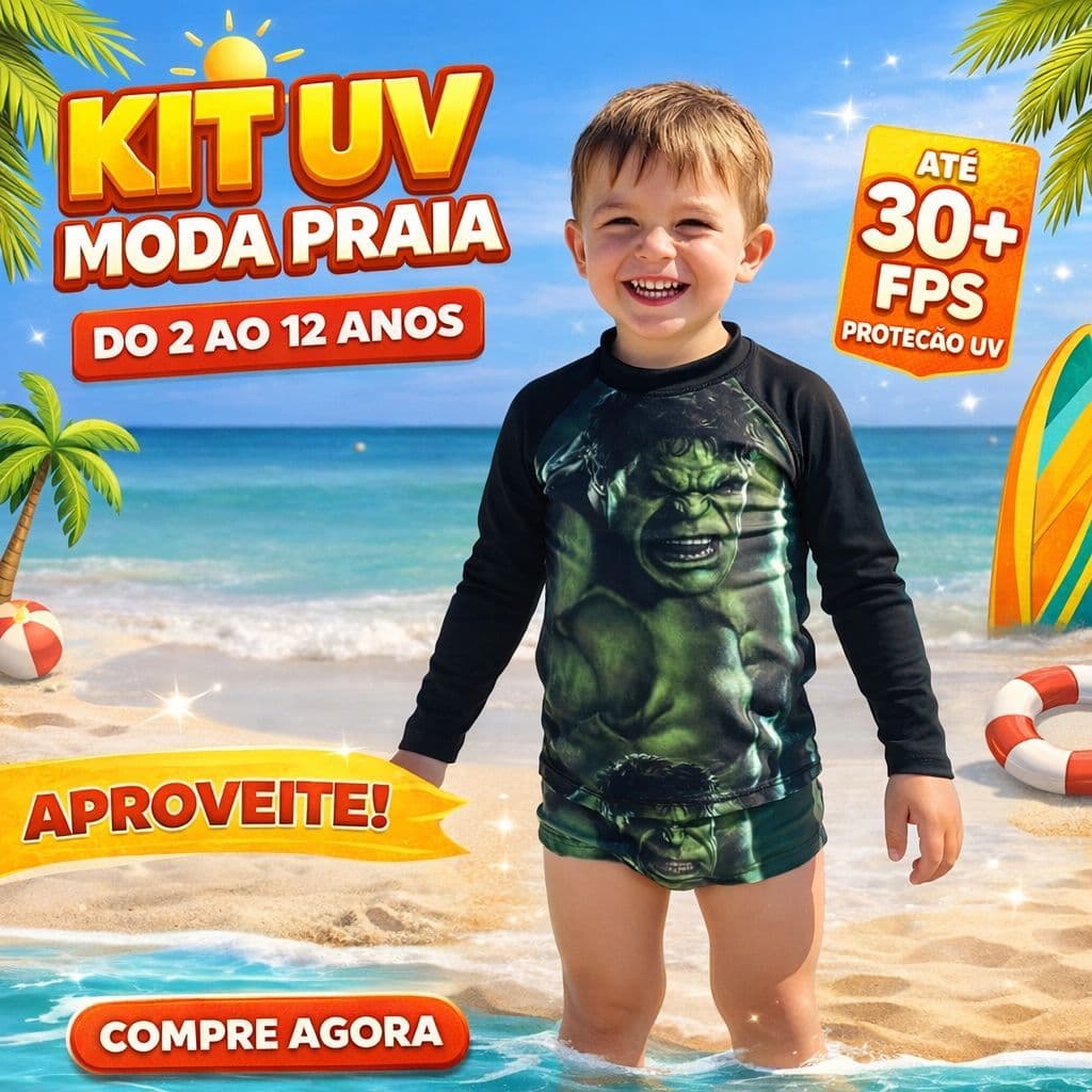 Conjunto Moda Praia Infantil UV FPS 30+Camiseta Manga Longa+Sunga Hulk Proteção Solar | 2 a 12 Anos