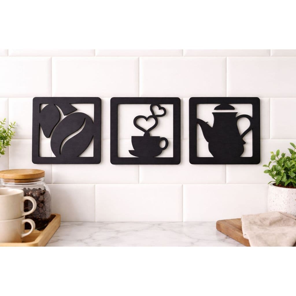 Kit de quadros em mdf pintado em preto para decoração de cantinho de café