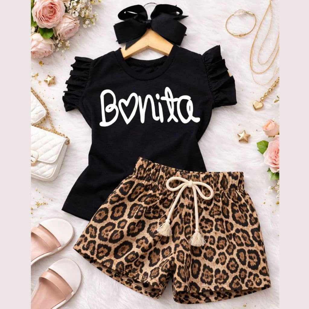 onjunto Infantil Bonita 🖤🐆 Blusa com Babado + Short Oncinha