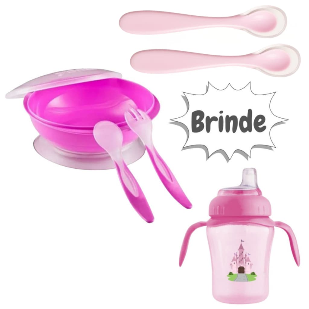 Kit Alimentação Para Bebê Prato + 2 Colheres de Silicone + Copo Anti - Vazamento