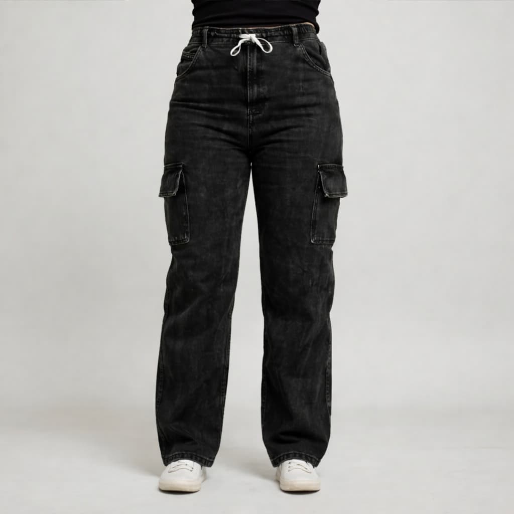 Calça Jeans Preta Grafite Feminina Wide Leg Cintura Alta Confortável Qualidade Elástico Cordão Cós