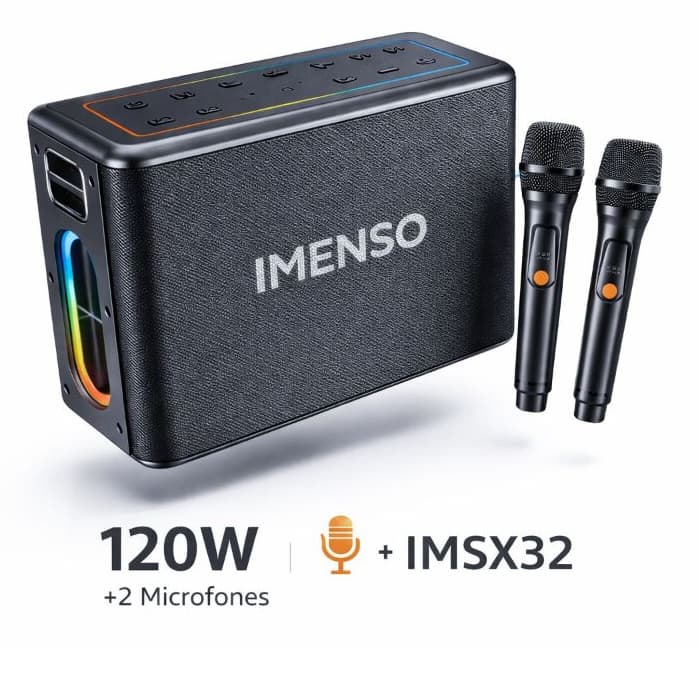 Caixa de Som Bluetooth Imenso X32 120W - Potente com 2 Microfones, Conexão TWS e Luzes RGB