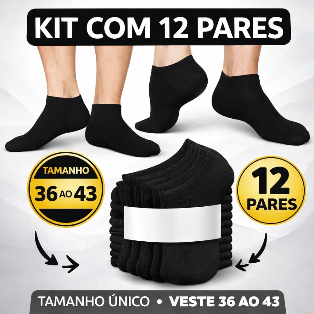 KIT 12 PARES DE MEIAS UNISSEX SOQUETE CURTA CASUAL ELASTANO PRETA