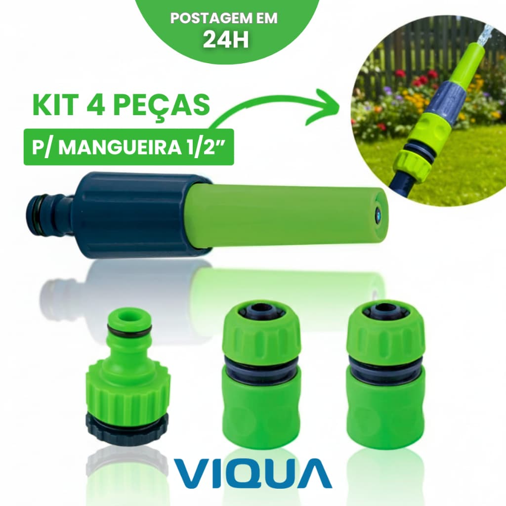 Esguicho e Engate Rápido Viqua 4 Peças prático – Mangueira Jardim Torneira 1/2 e 3/4