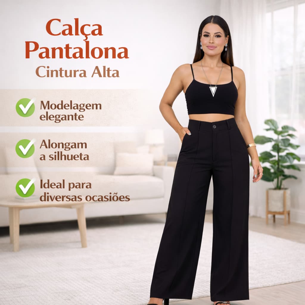 Calça Alfaiataria Feminina Nervura Friso Reta Cintura Alta Social Elegante