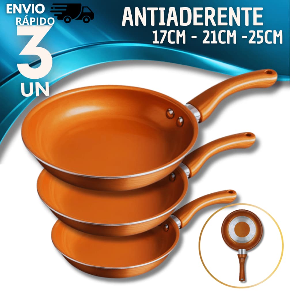 Promo 3 Frigideiras 17cm 21cm 25cm Antiaderente Estilo Cobre Revestimento Cerâmico frigideira