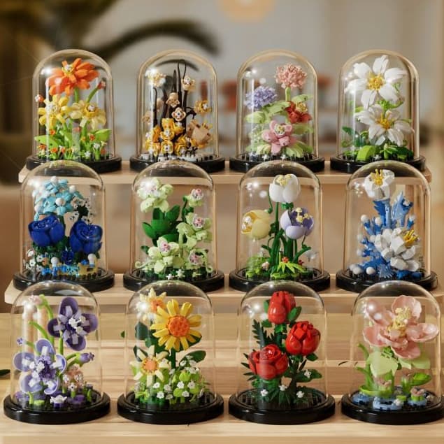 Mini Blocos de Montar Flores Multicoloridas com Cúpula Transparente – Coleção Encantada