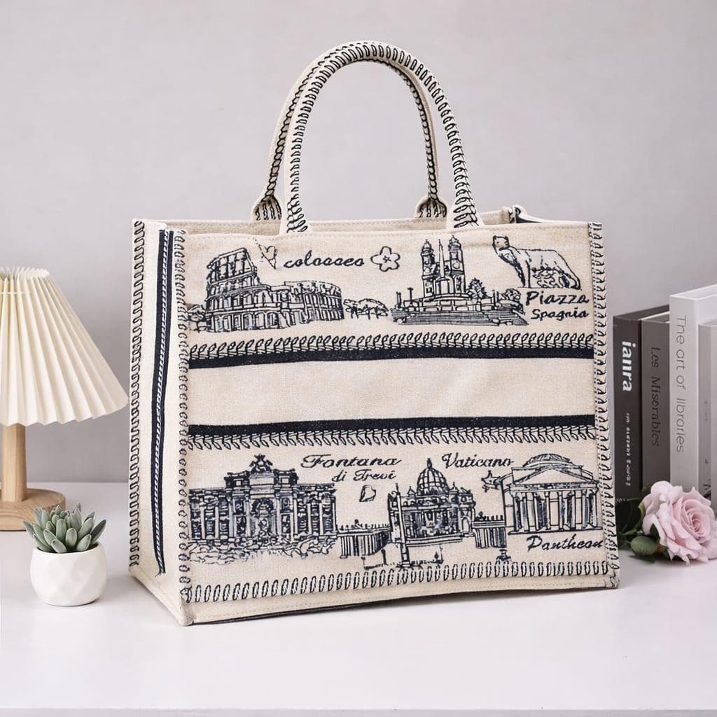 Bolsa Grande Tote Feminina com Zíper Estampa Italiana Glitter Espaçosa para Trabalho e Dia a Dia em Tecido