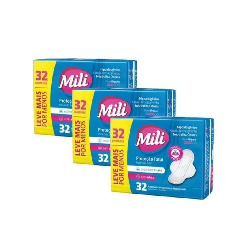 Kit C/3 pct Absorvente Mili Proteção Total Suave com Abas 32 unidades