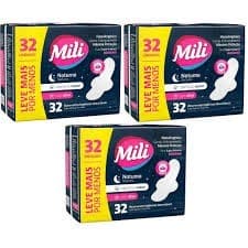 Kit 3 pct Absorvente Mili Noturno Suave c/abas -32 unid -Total 96unid