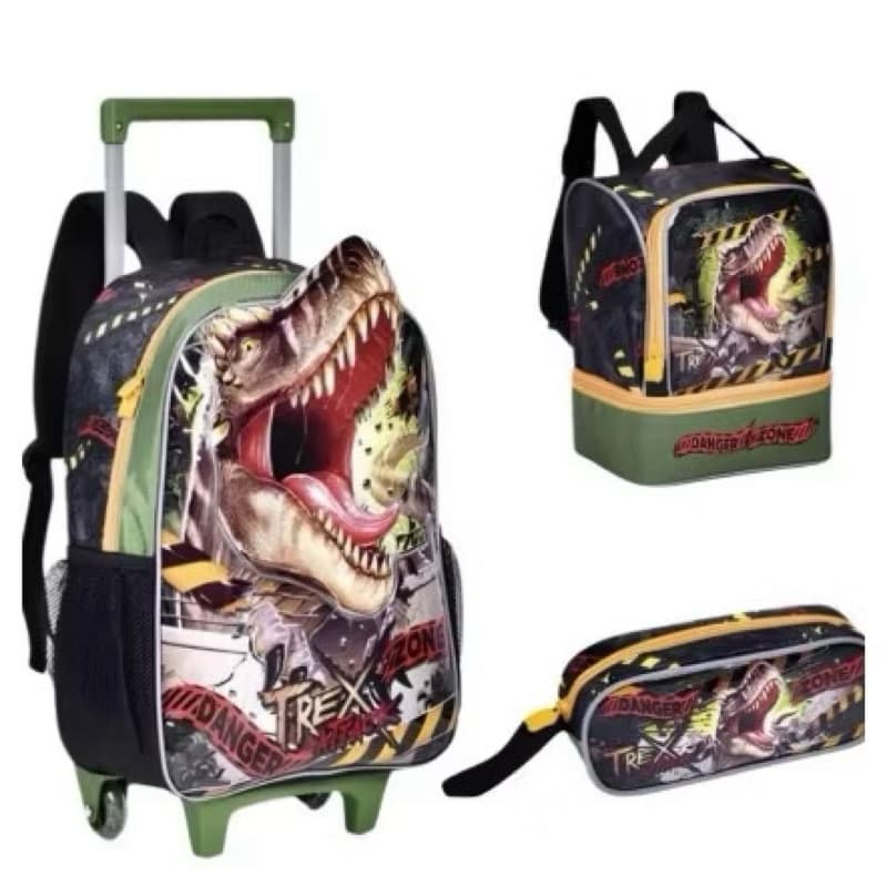 Mochila 3D de Rodinhas Dinossauro T-Rex, mochila de meninos, mochila escolar