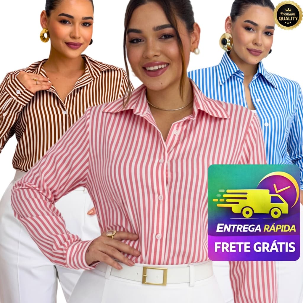 Camisa Listrada Feminina Plus Size Elegante Manga Longa Crepinho