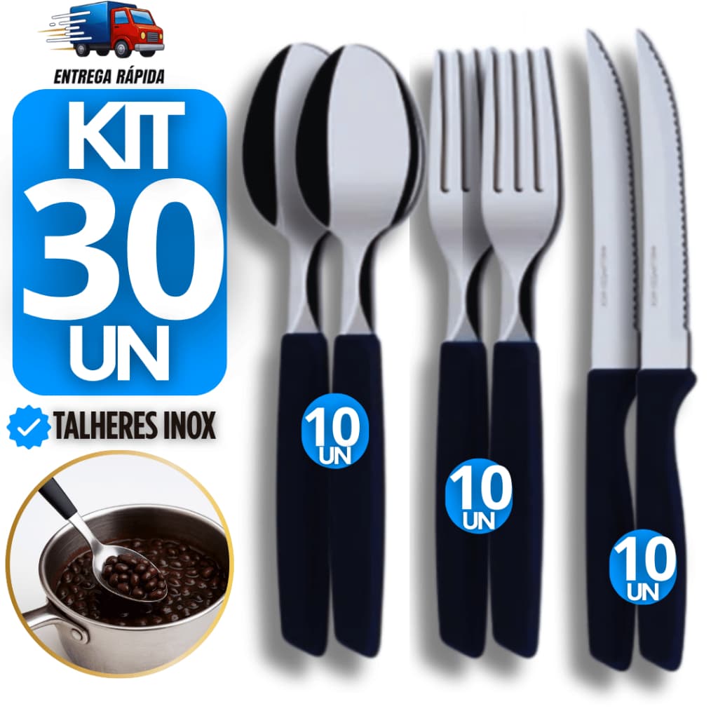 Combo 30 Talheres Cabo Preto Inox 10 Garfo 10 Faca 10 Colher Plástico Mesa Cozinha Utilidade talher