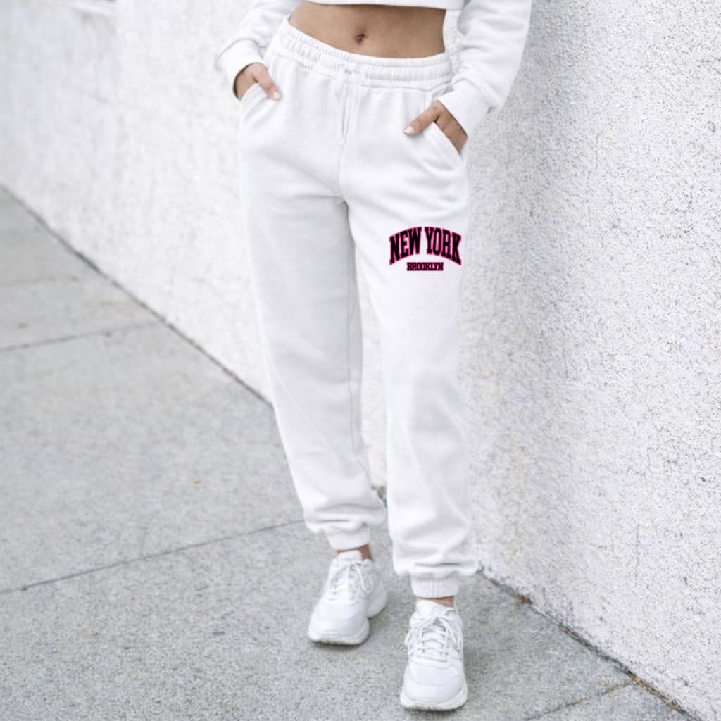 Calça de Moletom Feminina Casual Cintura Elástica Estampada New York