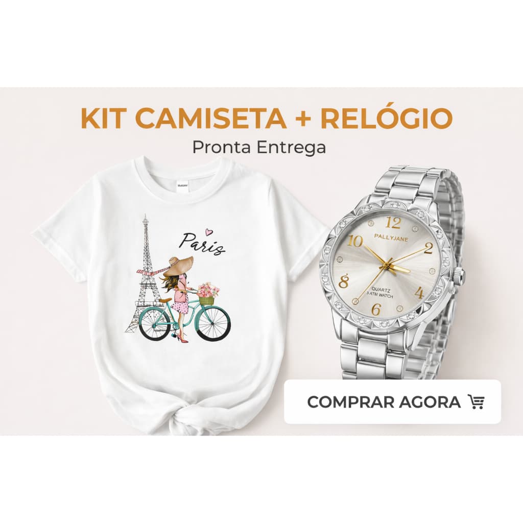 Kit Camiseta Especial: T-Shirt "Paris" Camisa 100% Algodão + Relógio Luxo Analógico Envio Imediato